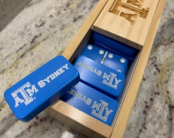 ENGRAVED Set of 28 Jumbo. Navy Blue Double-Six Dominoes w/o spinners and/or ENGRAVED Wooden Box Game Night Gift