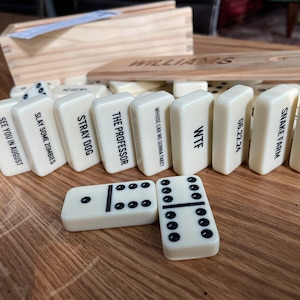 Personalized ENGRAVED Set of 28 ivory or white w/o spinners Jumbo Double-Six Dominoes in engraved wooden Box with FREE Shipping (3 Options)