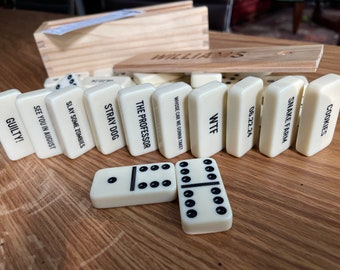 Personalized ENGRAVED Set of 28 ivory or white w/o spinners Jumbo Double-Six Dominoes in engraved wooden Box with FREE Shipping (3 Options)