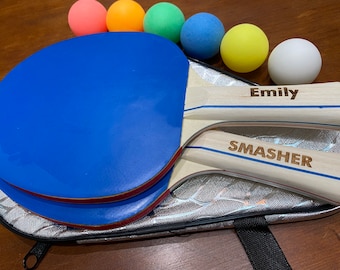 2 Blue or Black PERSONALIZED ENGRAVED Ping Pong Paddles w/ 6 Multi-Colored Ping Pong Balls (High Quality, Game Ready) FREE Shipping & Case*