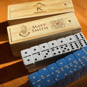 Personanlized ENGRAVED Wooden Box with Set of 28 Jumbo Blue or White BLANK Double-Six Dominoes with FREE Shipping 2 Engraving Options image 1