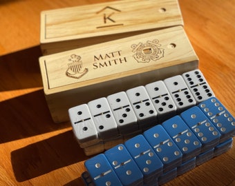 Personanlized ENGRAVED Wooden Box with Set of 28 Jumbo Blue or White BLANK Double-Six Dominoes with FREE Shipping (2 Engraving Options)