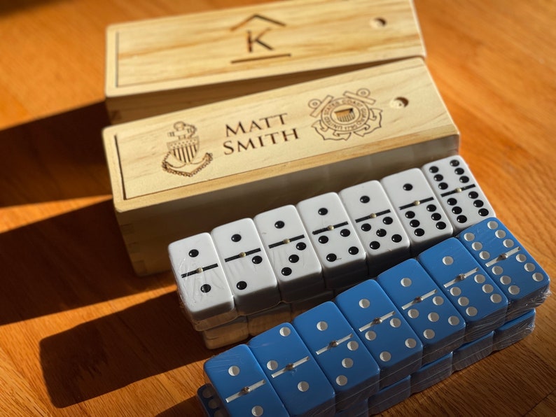 Personanlized ENGRAVED Wooden Box with Set of 28 Jumbo Blue or White BLANK Double-Six Dominoes with FREE Shipping 2 Engraving Options image 1