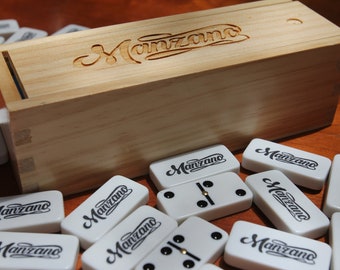 PERSONALIZED Printed and Engraved Set of 28 White Double-Six Dominoes in Wooden Box with FREE Shipping (3 Options)