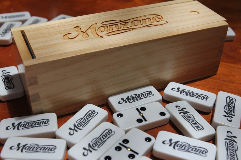 PERSONALIZED ENGRAVED Set of 28 White Double-Six Dominoes in Wooden Box with FREE Shipping (3 Engraving Options)