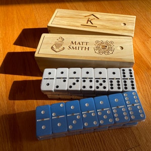 Personanlized ENGRAVED Wooden Box with Set of 28 Jumbo Blue or White BLANK Double-Six Dominoes with FREE Shipping 2 Engraving Options image 2