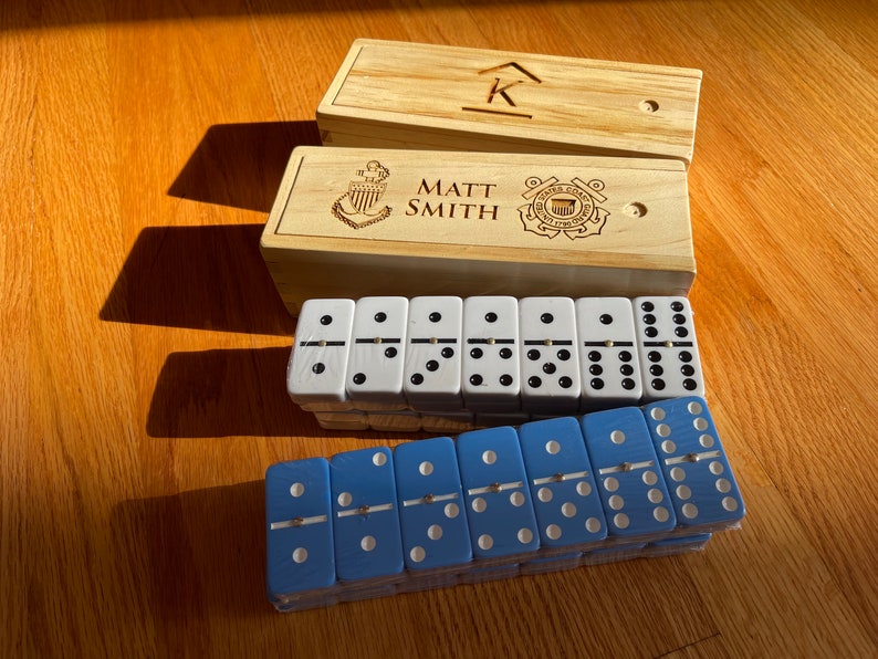 Personanlized ENGRAVED Wooden Box with Set of 28 Jumbo Blue or White BLANK Double-Six Dominoes with FREE Shipping 2 Engraving Options image 2