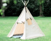 Unique Kids Heavy Canvas Teepee Play Tent with Roll Up Door and Window, Two Great Sizes, With Blue Arrows or Natural Mat, Ready to Ship