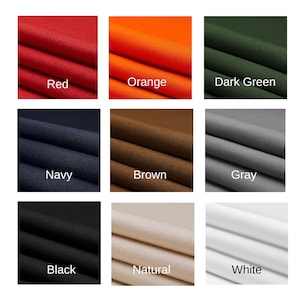 Peut inclure: Une grille de neuf &eacute;chantillons de tissu de diff&eacute;rentes couleurs, chacun &eacute;tiquet&eacute; avec son nom de couleur : Red, Orange, Dark Green, Navy, Brown, Gray, Black, Natural et White. Chaque &eacute;chantillon montre une vue rapproch&eacute;e de la texture.