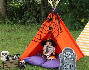 Orange Canvas Kids Teepee Play Tent, Four Sizes, Can Include Window, Halloween Teepee, Photo Prop Teepee, Poles Included