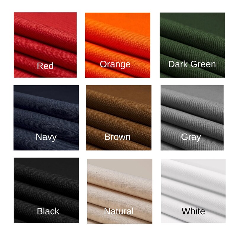 May include: A grid of nine fabric swatches in various colors, each labeled with its respective color name: Red, Orange, Dark Green, Navy, Brown, Gray, Black, Natural, and White. Each swatch shows a close-up view of the woven textile texture.