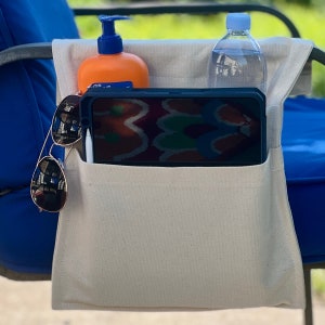 Heavy Canvas Outdoor Chair Caddy for lounge chairs, beach chairs, camping chairs, walkers, Adjustable to Fit Most Chairs
