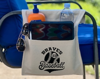 Personalized Baseball Chair Caddy for camping, lounge or beach chairs or walkers, armrest organizer, , Adjustable to Fit Most Chairs