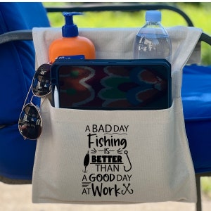 Fishing Outdoor Chair Caddy Organizer for lounge chairs, beach chairs, camping chairs, walkers, Adjustable to Fit Most Chairs