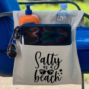 Chair Caddy for lounge chairs, beach chairs, camping chairs, walkers, Salty As A Beach, Adjustable to Fit Most Chairs