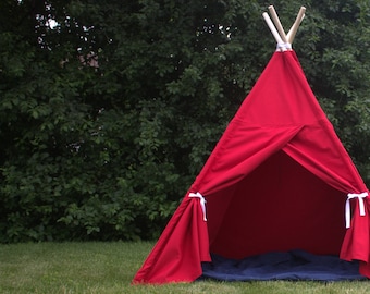 Red Canvas Kids Teepee Play Tent, Five Sizes, FULLY ASSEMBLED