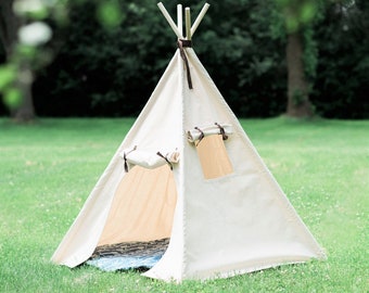 Kids Canvas Teepee Play Tent with Roll Up Door and Window, Two Great Sizes, With Blue Arrows or Natural Mat