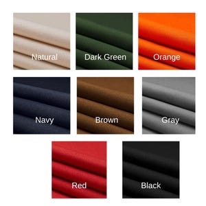 May include: A collection of fabric swatches in various colors, including natural, dark green, orange, navy, brown, gray, red, and black. Each swatch is labeled with its respective color name.