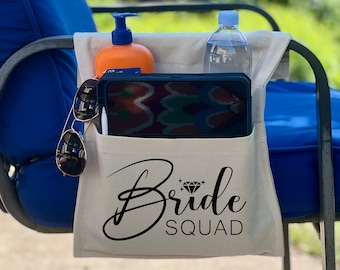 Chair Caddy for camping chairs, lounge chairs or beach chairs, bridesmaid party gift favor, Bride Squad, Adjustable to Fit Most Chairs