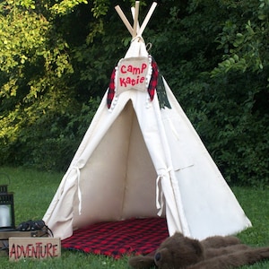 Kids Natural Canvas Teepee, Indoor Kids Play Tent, Five Size Choices, Can Include Window, Mat and Personalized Banner