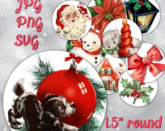 Vintage Retro Christmas Circles for Tags, Scrapbooking, Christmas Ephemera,  JPG PNG & SVG, Envelope Seals, Cupcake Toppers, Party Supplies