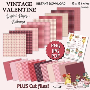 Vintage Valentine Digital Paper Pack Ephemera Bundle, BONUS STICKERS, Valentine collage, Valentine Ephemera, Retro Valentine PNG Collage