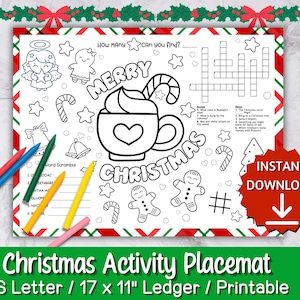 Christmas Activity Sheets, Christmas Activity Placemats, Kids Placemat, Christmas Tic Tac Toe, Christmas Coloring Placemats,