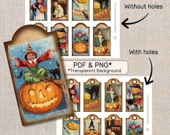 Könnte beinhalten: Ein digitales Blatt mit druckbaren Halloween-Geschenkanhängern, die Illustrationen im Vintage-Stil von Kindern in Kostümen, schwarzen Katzen und Kürbissen zeigen. Das Set enthält Versionen mit und ohne Löcher als PDF- und PNG-Dateien.