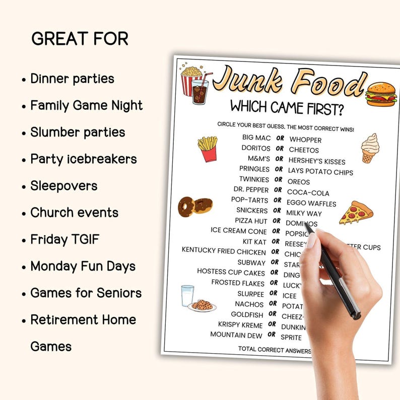 Junk Food Which Came First Trivia Game, Trivia Game Night, Ice Breaker Games, Games for the Elderly, Sleepover Games, Game for Seniors image 5