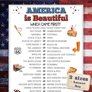 May include: A printable game sheet titled America is Beautiful Which Came First? featuring a list of historical trivia questions with options to circle. The design includes illustrations of a baseball, burger, Route 66 sign, and diner booth.