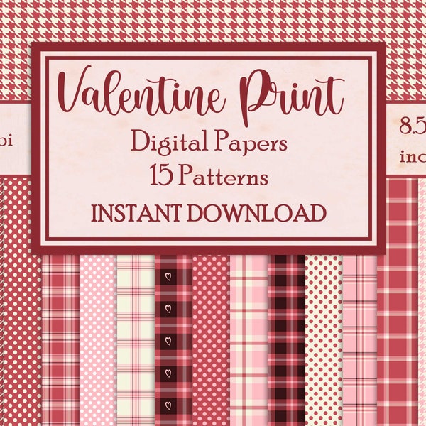 Vintage Valentine Digital Paper Pack, Pink Prints, Plaid, Polka Dot, Houndstooth, Junk Journal, Scrapbook, Printable INSTANT DOWNLOAD