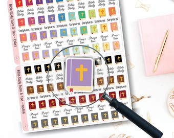 Adesivi stampabili per la Bibbia, adesivi per l'agenda di studio della Bibbia, adesivi clipart con icone della Bibbia, adesivi per il diario della fede, adesivi per l'agenda cristiana