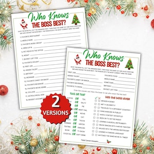 Könnte beinhalten: Zwei weiße Spielbögen aus Papier mit dem Titel Who Knows The Boss Best? und einer Grafik von Weihnachtsmann und Weihnachtsbaum. Die Bögen enthalten nummerierte Fragen zu persönlichen Vorlieben, einen This Or That-Abschnitt und eine Has The Boss Ever-Checkliste.