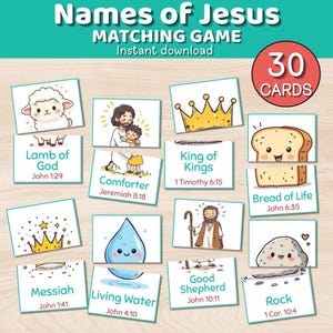 Juego imprimible para emparejar los nombres de Jesús, juego bíblico matutino para preescolares, juegos bíblicos para niños, currículo para niños pequeños, materiales Montessori.