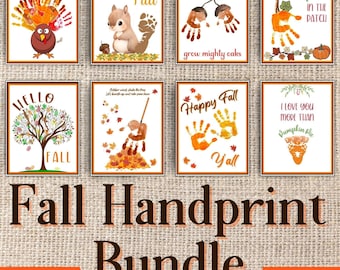 May include: A digital bundle of eight fall-themed art prints featuring handprint and footprint designs. The prints include illustrations of a turkey, a squirrel, acorns, pumpkins, a tree, and autumn leaves with text such as Welcome Fall and Happy Fall Y'all.