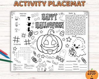May include: A black and white Halloween activity placemat featuring a large central pumpkin, a maze, tic-tac-toe, a word scramble, and connect-the-dots. The text reads Happy Halloween, Boo, and various game labels. Includes 8.5 inch by 11 inch size.