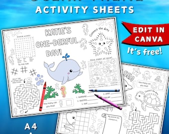 Ocean Activity Sheet for Kids EDITABLE, Ocean Themed Party Favor, Oneder the Sea, Under the Sea Party Favor Summer Activity Sheets