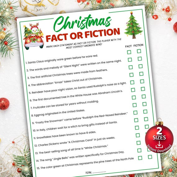 Christmas Fact or Fiction Game, Christmas Trivia Ice Breaker Games Trivia Night, Sleepover Games, Christmas Games for Seniors Christmas Quiz
