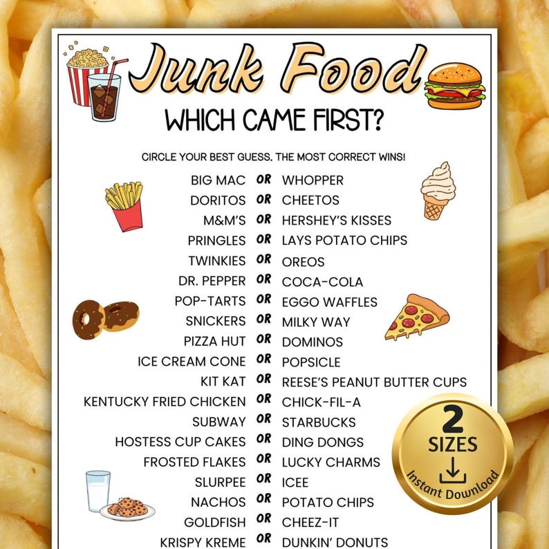 Junk Food Which Came First Trivia Game, Trivia Game Night, Ice Breaker Games, Games for the Elderly, Sleepover Games, Game for Seniors image 1