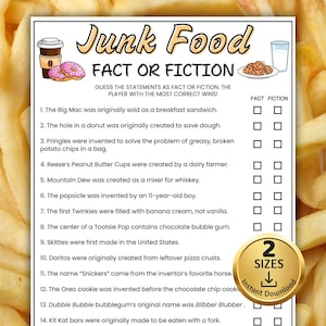 Junk Food Fact or Fiction Trivia Game, Ice Breaker Games, Trivia Game Night, Games for the Elderly, Sleepover Games, Games for Seniors