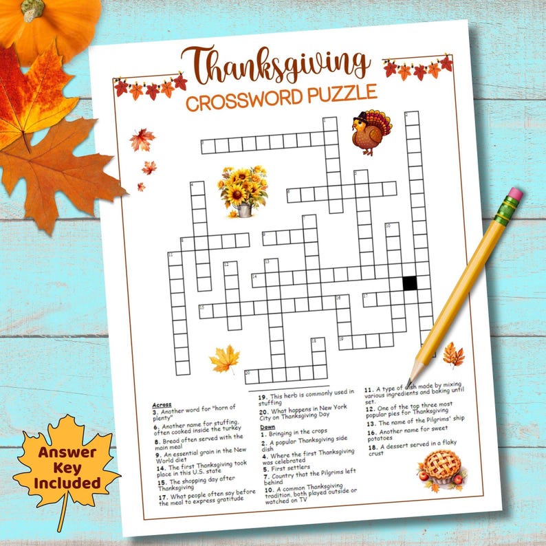 Crucigrama de Acción de Gracias, Trivia de Acción de Gracias, Juegos para romper el hielo, Juegos imprimibles de Acción de Gracias, Juegos de Acción de Gracias con amigos, Crucigrama imagen 1