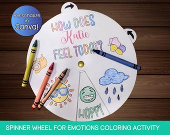Editable Spinner Wheel Coloring Activity, Feelings Wheel for Calm Down Corner, Emotion Wheel Printable, Preschool Color Activity