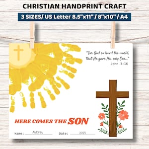 Here Comes the Son Christian Handprint Craft, Sunday School Craft, Easter Handprint Craft Printable, Bible Verse Handprint Art, John 3:16