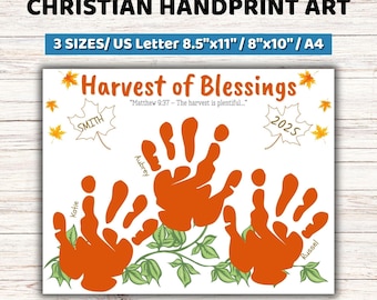 May include: A white art print titled Harvest of Blessings with Matthew 9:37, featuring three orange handprints, green vine illustrations, and maple leaves labeled Smith and 2025. Available in 8.5 inch by 11 inch, 8 inch by 10 inch, and A4 sizes.