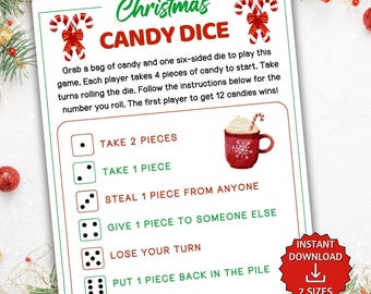 Kerstsnoep dobbelspel, kerstdobbelspel, kerstspel voor kinderen, afdrukbaar kerstsnoepspel, feestspel, klasspel