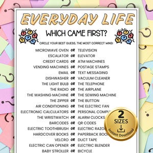 May include: A printable game titled "Everyday Life: Which Came First?" features a list of everyday items to compare. The design includes a gold-colored badge with "2 Sizes" and "Instant Download" text.