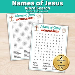 May include: Two printable word search activity sheets titled Names of Jesus Word Search, featuring a wooden cross with a heart and a cartoon lamb illustration. Includes a gold circular badge stating 2 Versions + Answer Key in text.