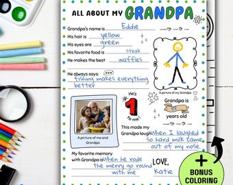 Afdrukbaar alles over mijn opa, cadeau van kleinkinderen, gepersonaliseerd cadeau voor opa, opakaart vaderdag, grootoudersdag kleurplaat