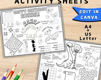 EDITABLE Dinosaur Activity Sheets for Children, Dinosaur Activity Mat, Printable Kids Placemats, Restaurant Kids Activity Sheet Placemat