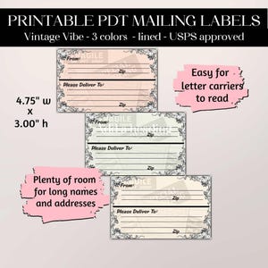 May include: Three rectangular mailing labels measuring 4.75 inches wide by 3.00 inches high. Each label features a decorative black floral border, lines for sender and recipient addresses, and the text From, Please Deliver To, and Zip.